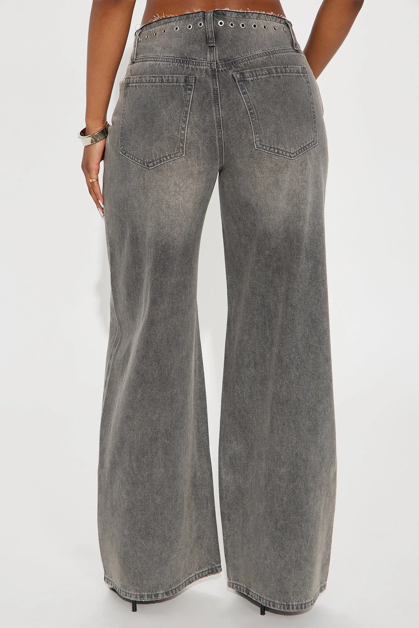 Adira Cut Off Low Waist Wide Leg Jean - Grey