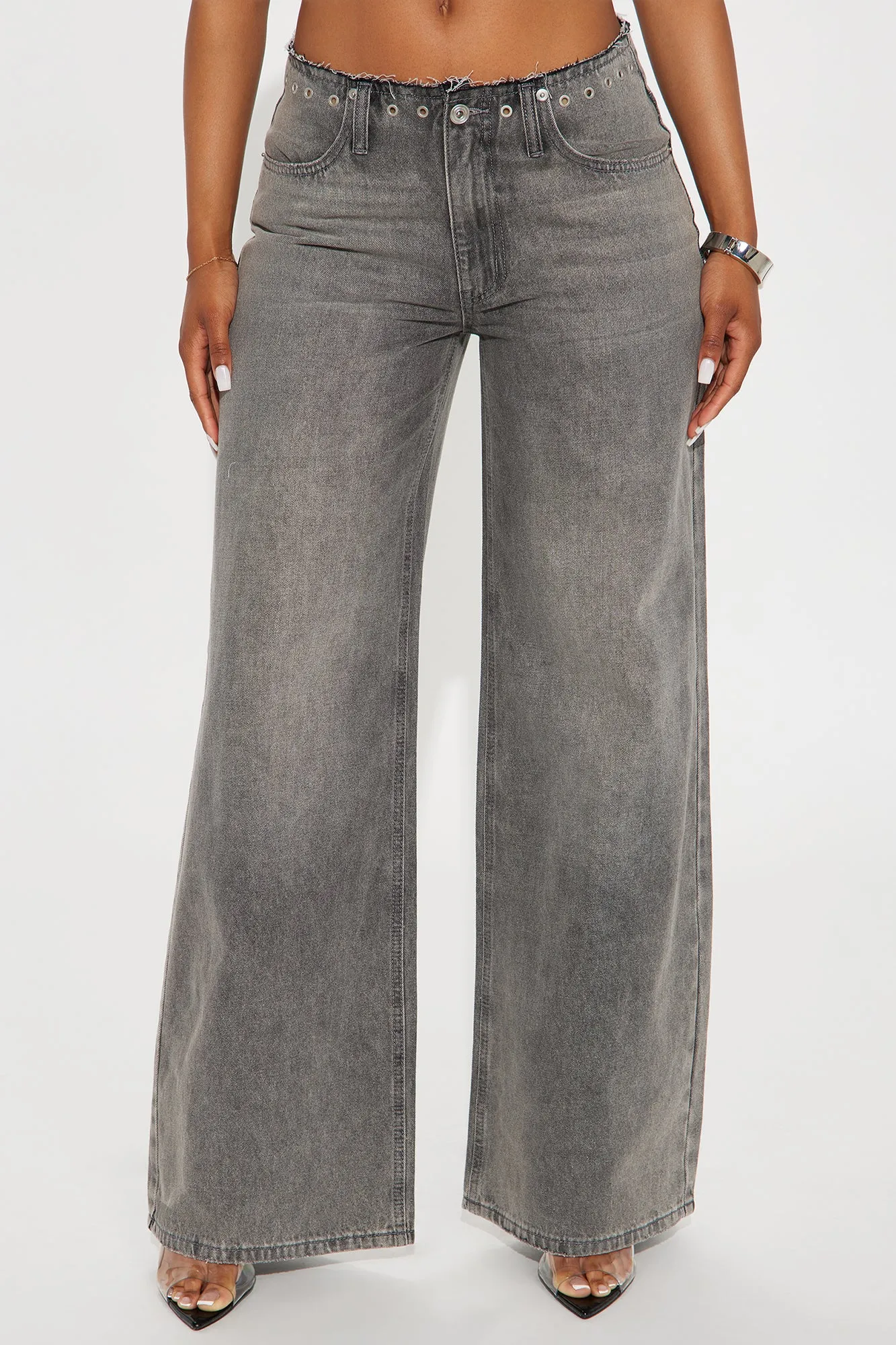 Adira Cut Off Low Waist Wide Leg Jean - Grey
