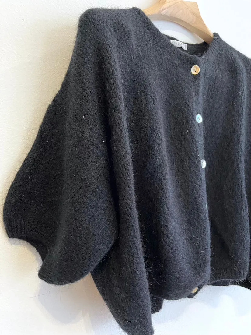 Cropped Sleeve Mohair Cardigan Black
