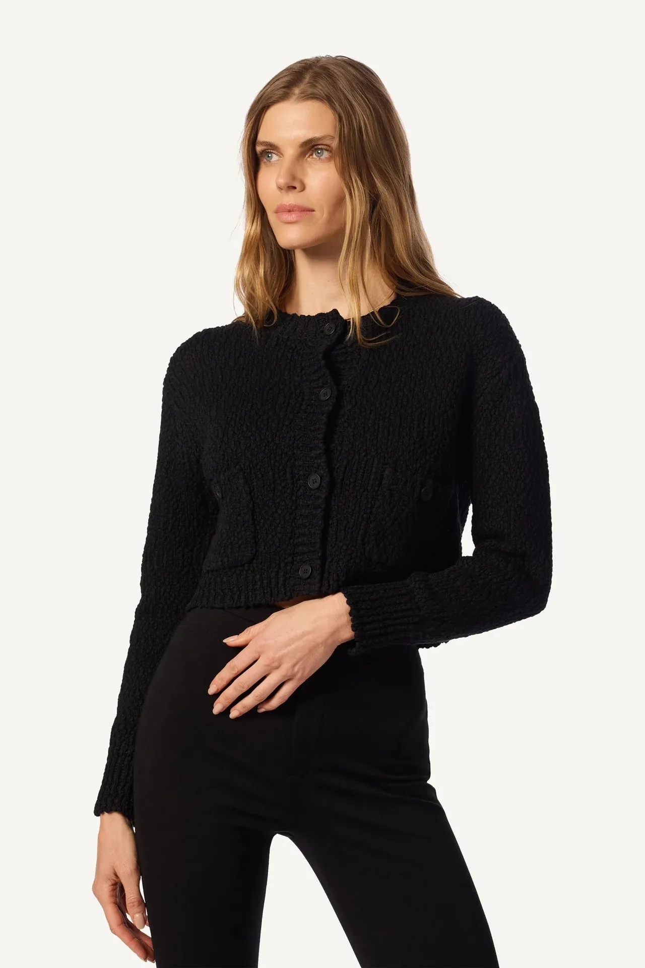 Helena Cropped Double Pocket Cardigan in Black