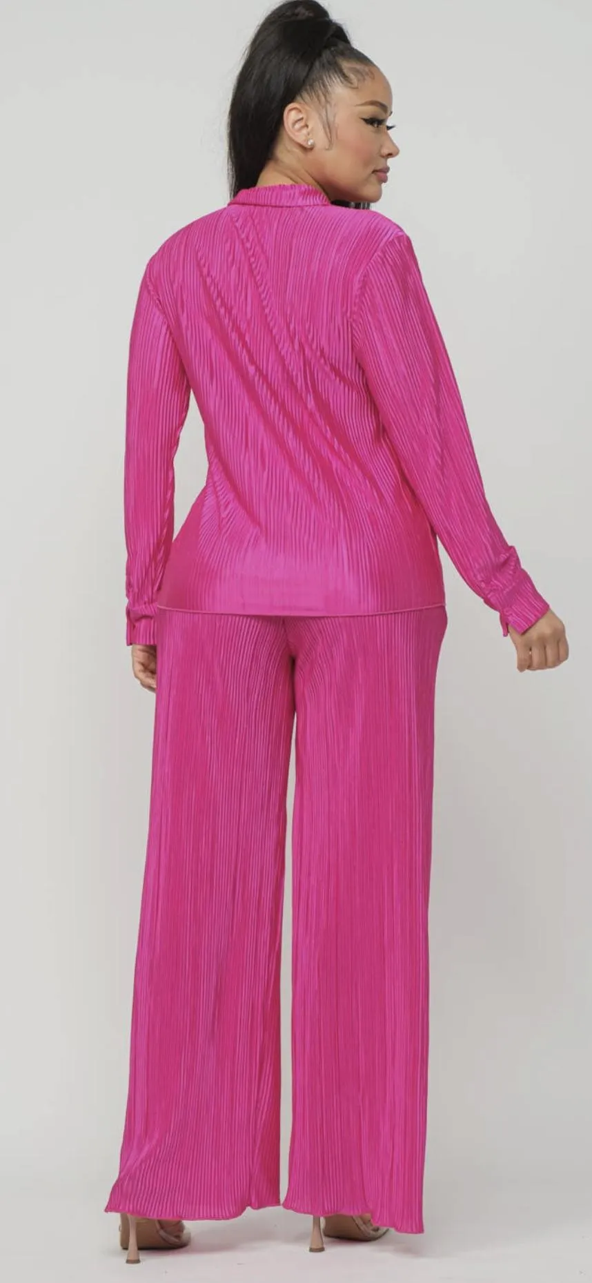 Pleated Front Button Down Top and Pants Set