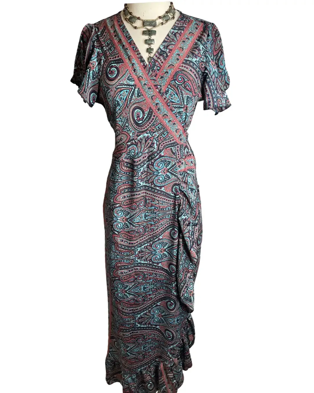 Silk adjustable ruffle wrap dress (navy)