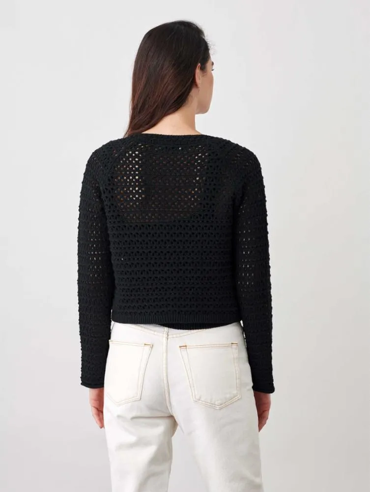 White   Warren - Italian Recycled Cotton Crochet Trim Cardigan in Black