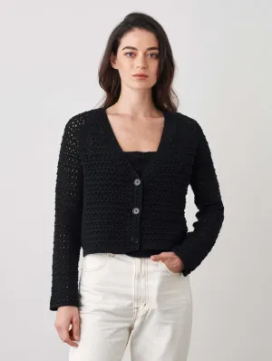 White   Warren - Italian Recycled Cotton Crochet Trim Cardigan in Black