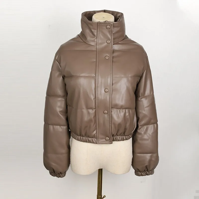 Winter Parka Coat Women&#39;s Jacket Thick Warm Women Fashion Black PU Leather Coats Women Elegant Zipper Faux Leather Jackets Tops