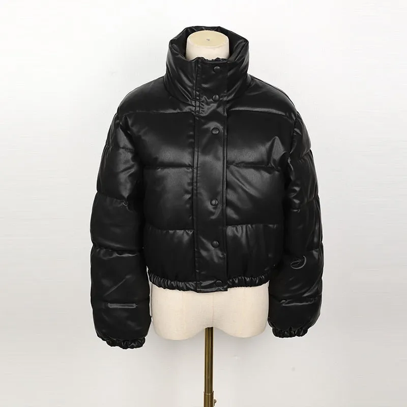 Winter Parka Coat Women&#39;s Jacket Thick Warm Women Fashion Black PU Leather Coats Women Elegant Zipper Faux Leather Jackets Tops