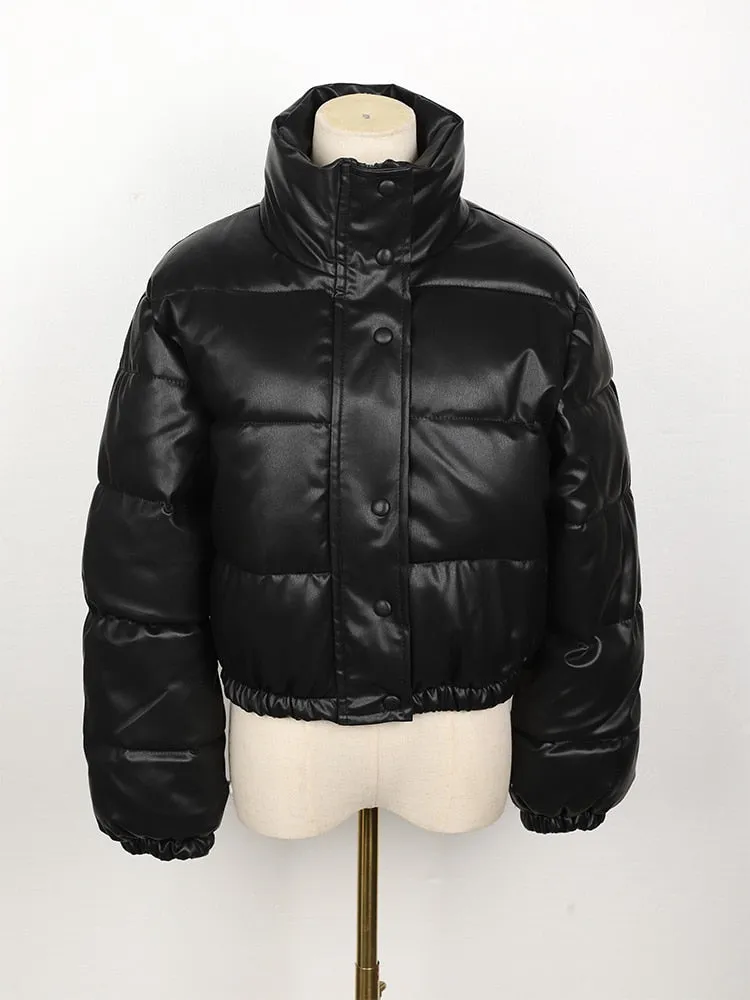 Winter Parka Coat Women&#39;s Jacket Thick Warm Women Fashion Black PU Leather Coats Women Elegant Zipper Faux Leather Jackets Tops