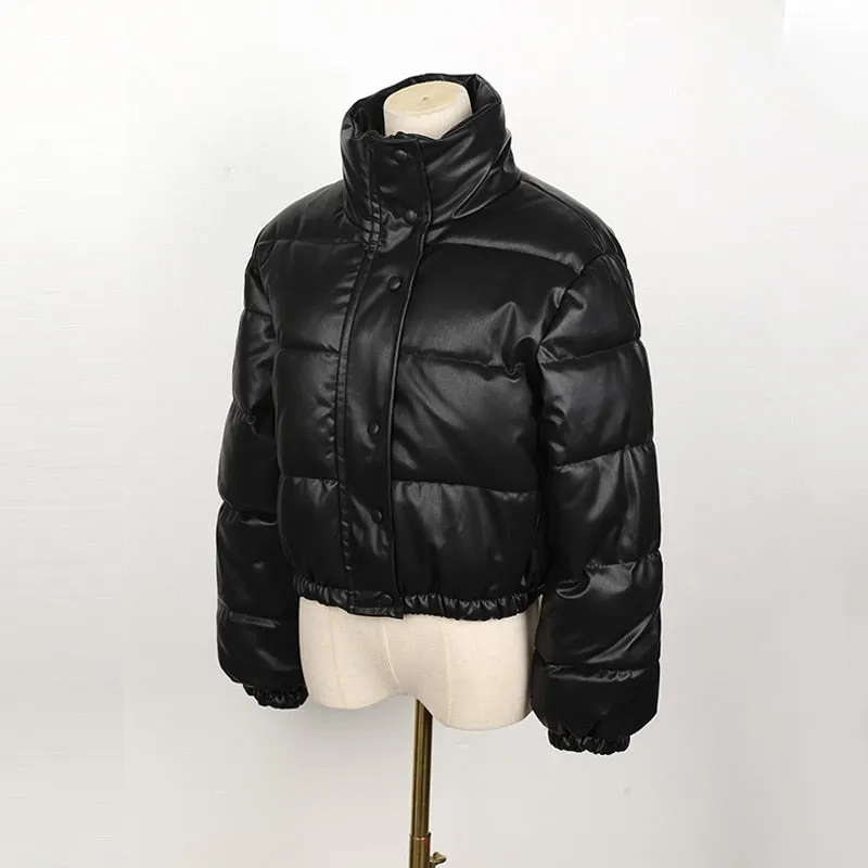 Winter Parka Coat Women&#39;s Jacket Thick Warm Women Fashion Black PU Leather Coats Women Elegant Zipper Faux Leather Jackets Tops