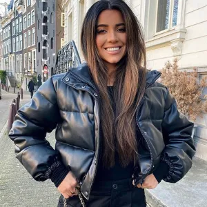 Winter Parka Coat Women&#39;s Jacket Thick Warm Women Fashion Black PU Leather Coats Women Elegant Zipper Faux Leather Jackets Tops