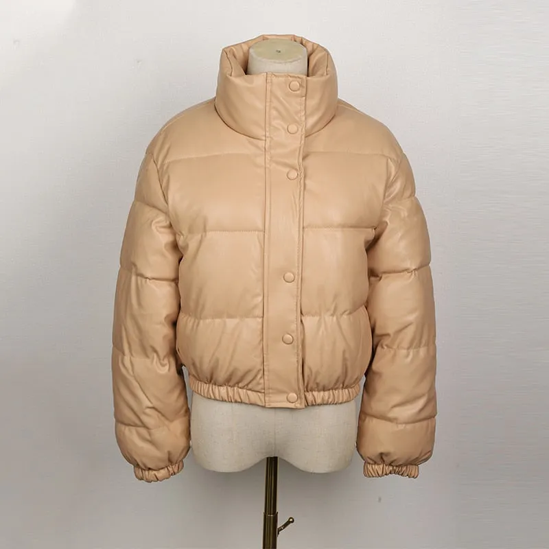 Winter Parka Coat Women&#39;s Jacket Thick Warm Women Fashion Black PU Leather Coats Women Elegant Zipper Faux Leather Jackets Tops