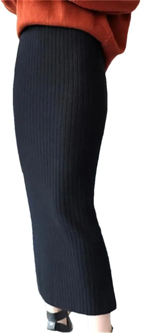 Women Midi Knitted Woolen Skirt Black Elastic Slim Office Lady Pencil Skirts